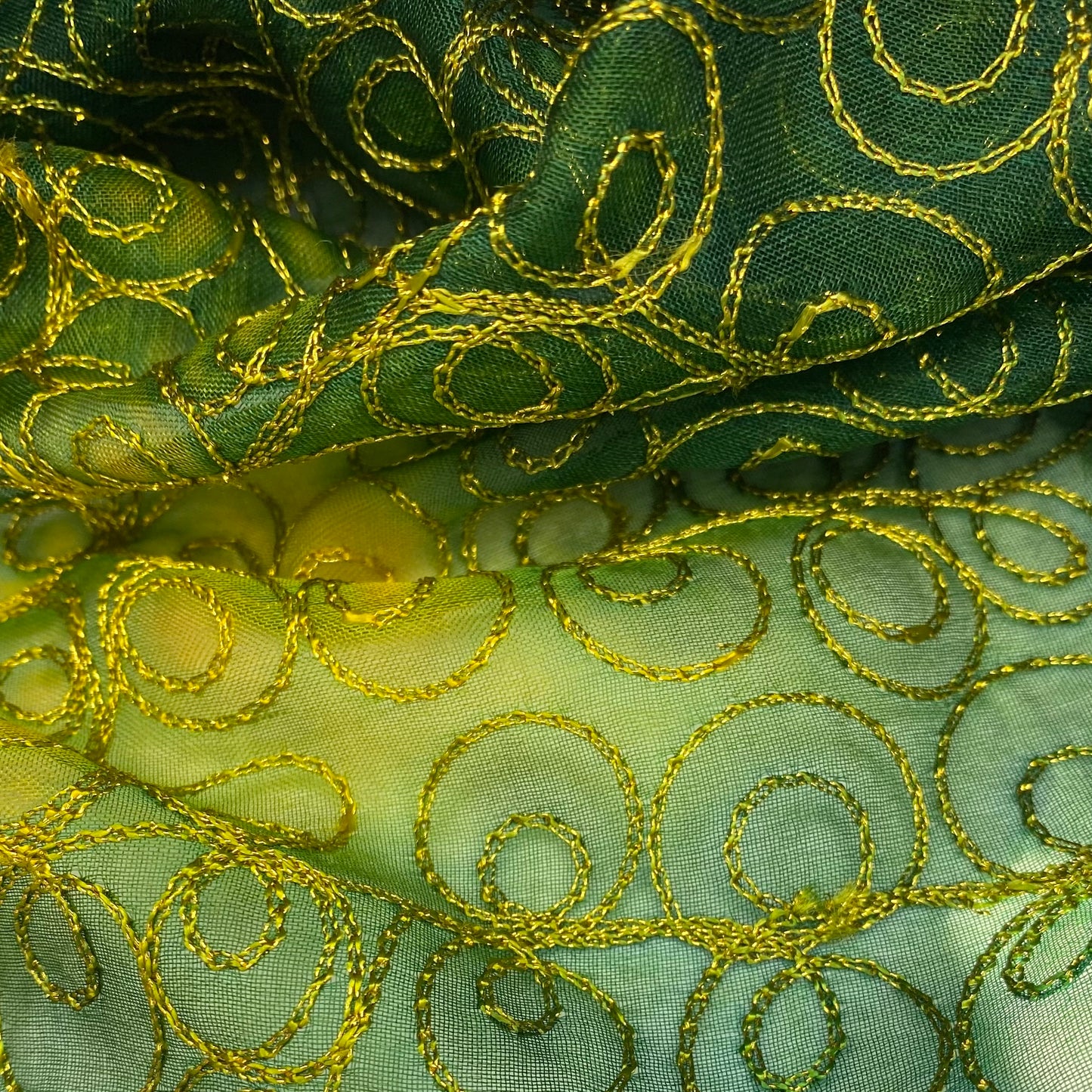 Embroidered Silk Organza - 44” - Green/Yellow