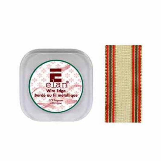 Wire Edge Ribbon 36mm x 4m - Gold/Red/Green Stripes