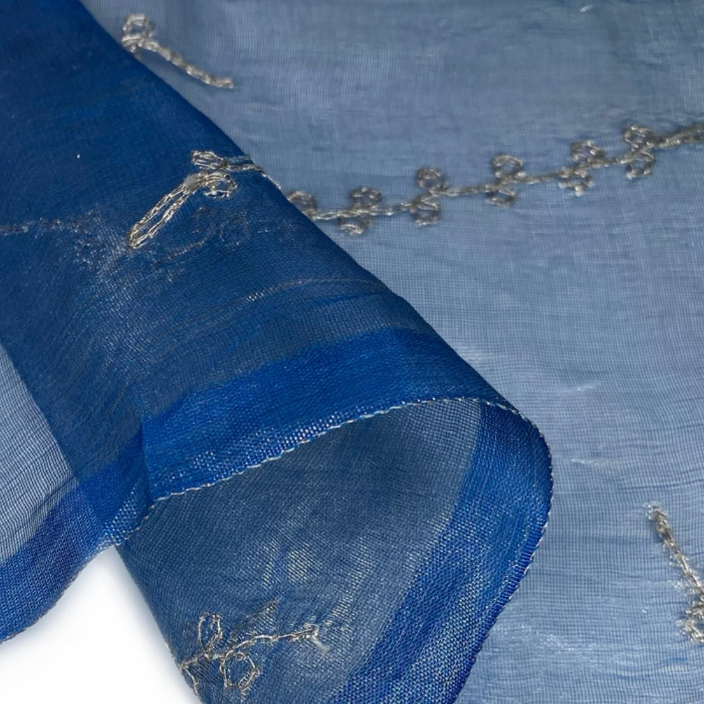 Shot Embroidered Silk Organza - Blue/Silver