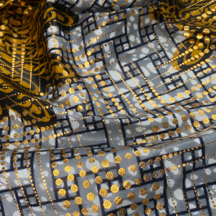 Waxed African Printed Cotton - Metallic Gold/Grey/Black
