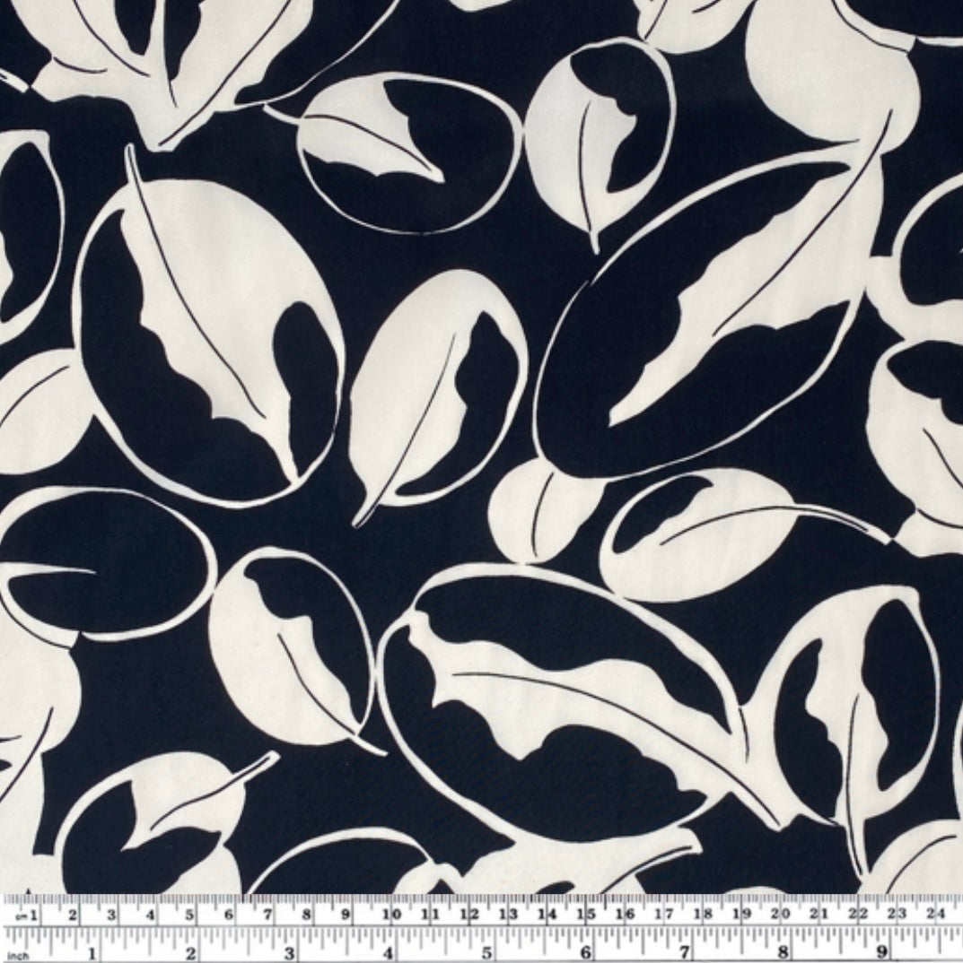 Printed Silk Georgette - Leaves - Black/White