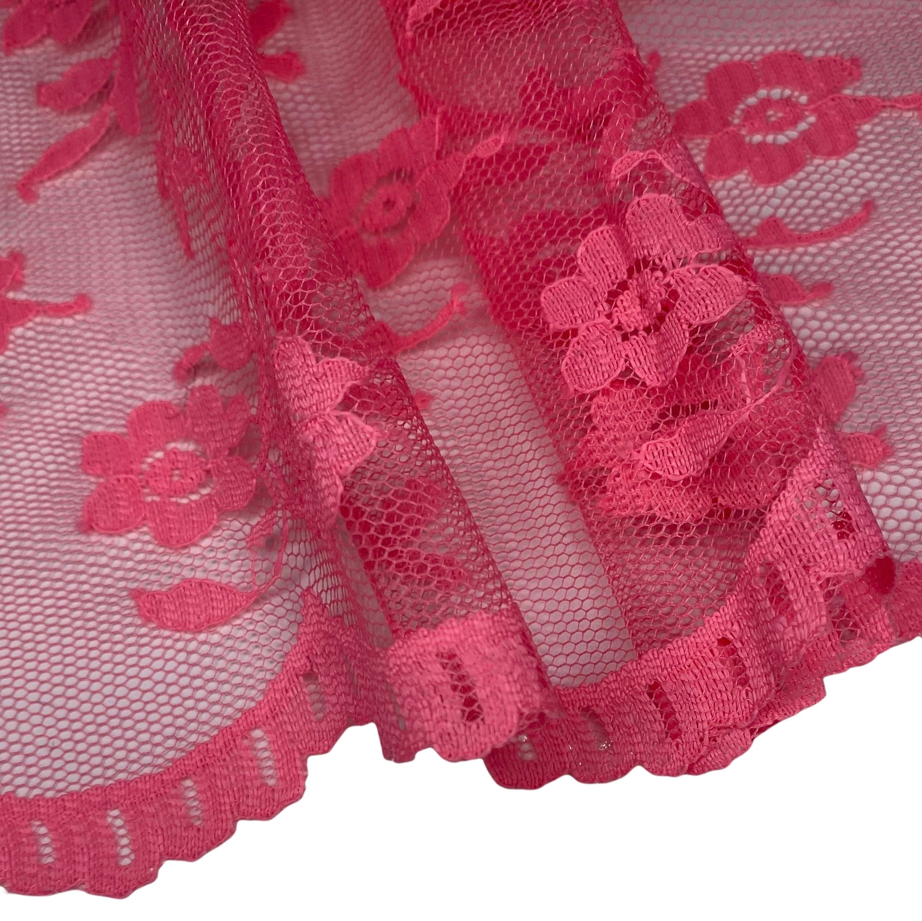 Scalloped Edged Floral Polyester Lace - 52” - Pink