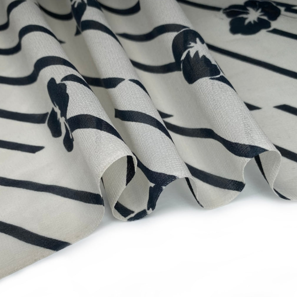 Floral Striped Silk Chiffon - Black/Off White