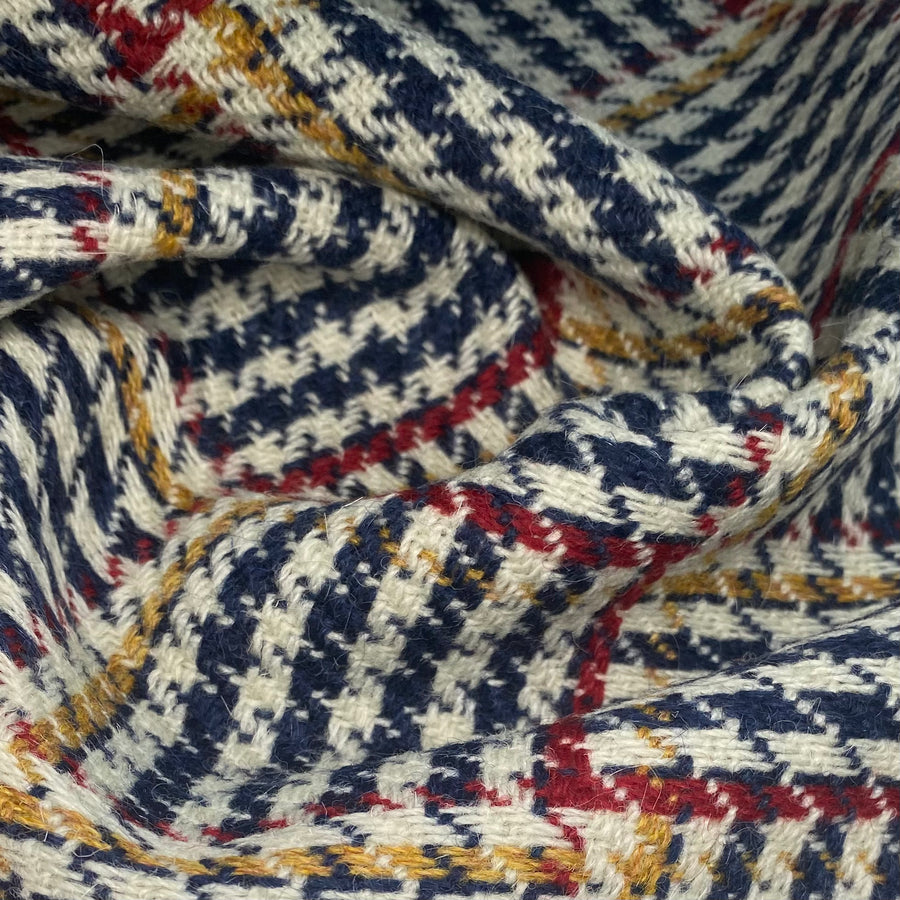 Houndstooth Plaid Wool Coating - Blue/Cream/Red/Yellow