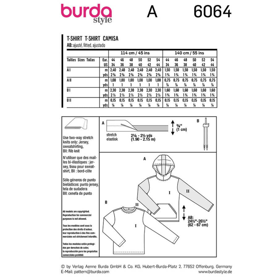 Burda Style 6064 - Classic Sweatshirt with Hood and Neckband Suit Sewing Pattern