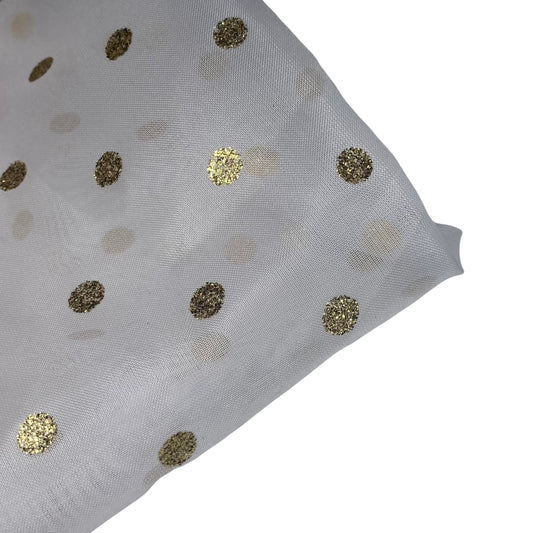 Glitter Polka Dot Polyester Organza - 59” - White/Gold