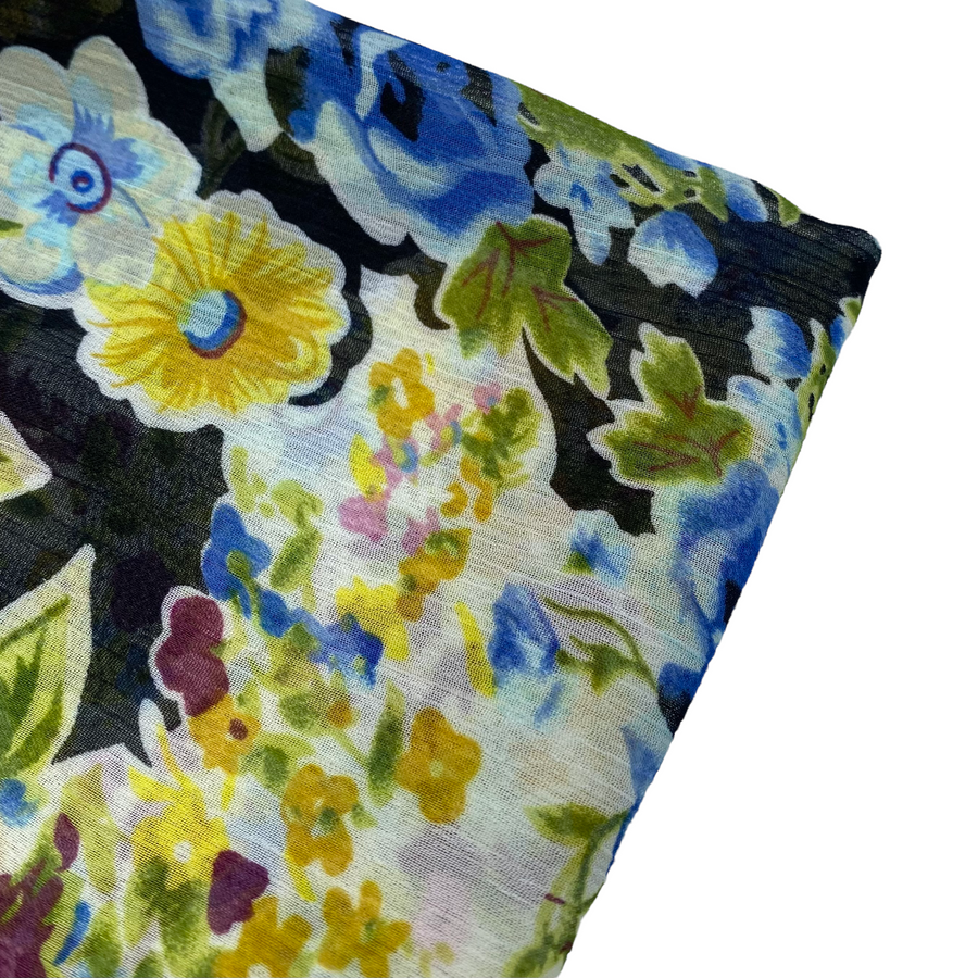 Crinkled Printed Polyester Chiffon - Floral - Blue/Yellow/Black/White