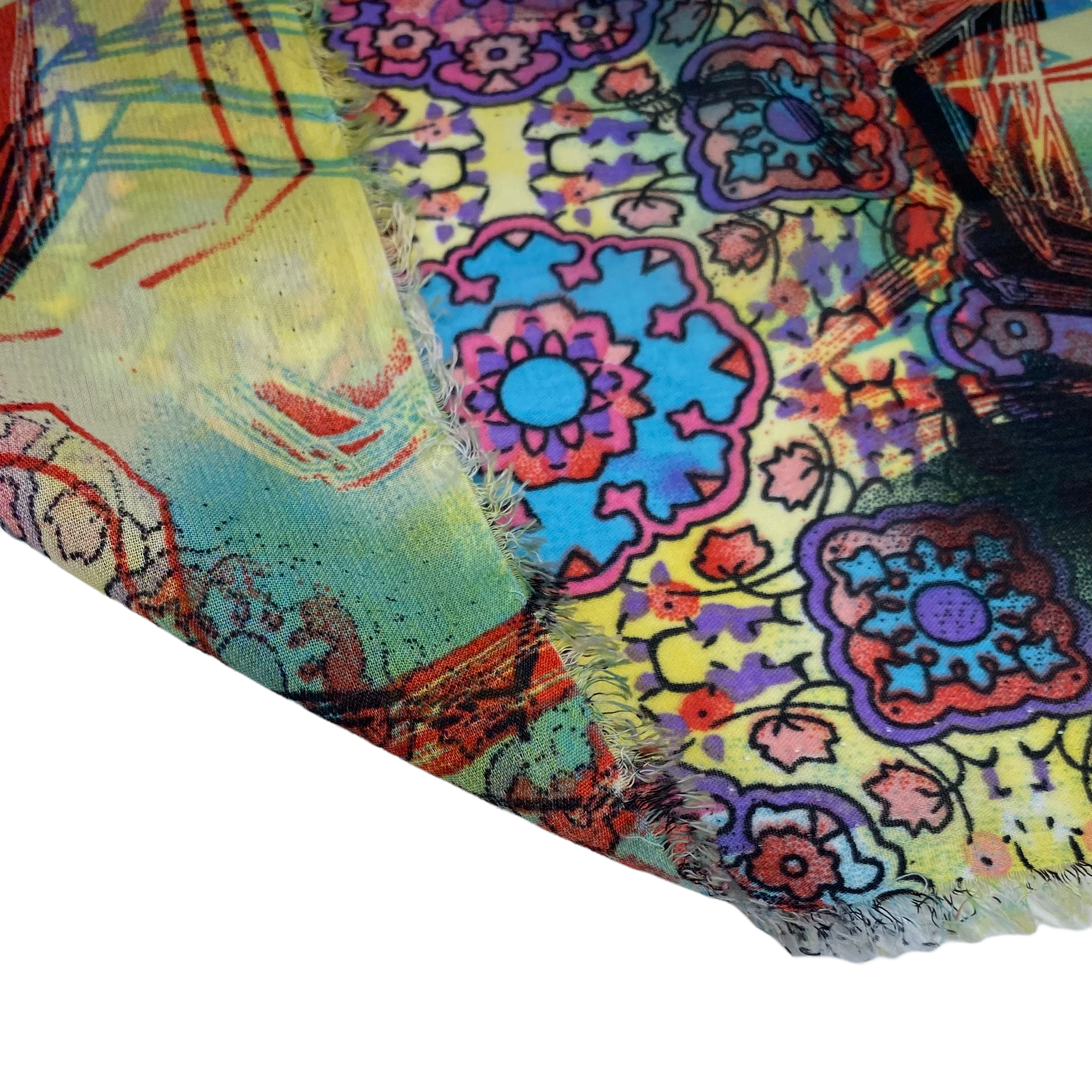 Printed Polyester Chiffon - Abstract Print - Blue/Yellow/Pink