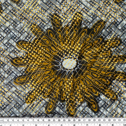Waxed African Printed Cotton - Metallic Gold - Multi-Colour / Grey