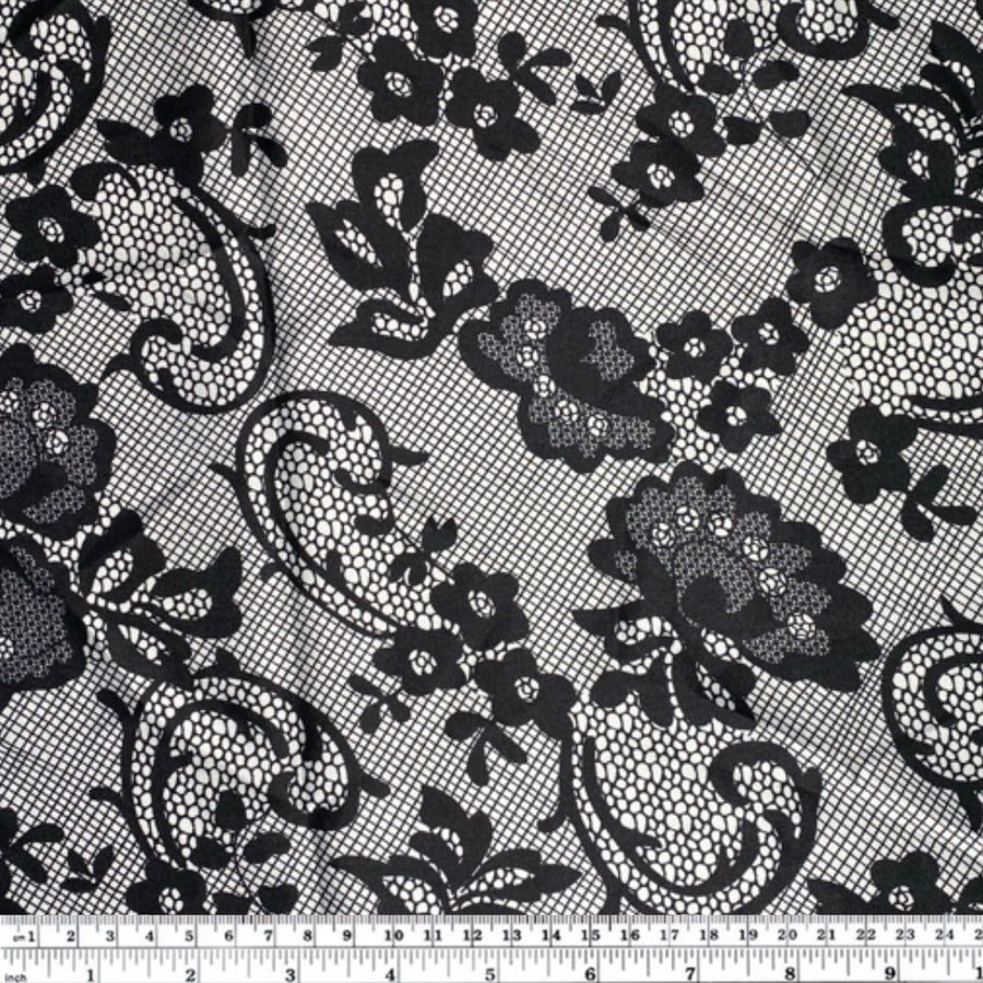 Printed Polyester Charmeuse - Floral Lace Print - White/Black