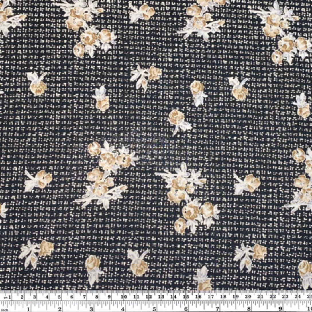 Floral Printed Polyester Crepe - 44” - Black/Beige