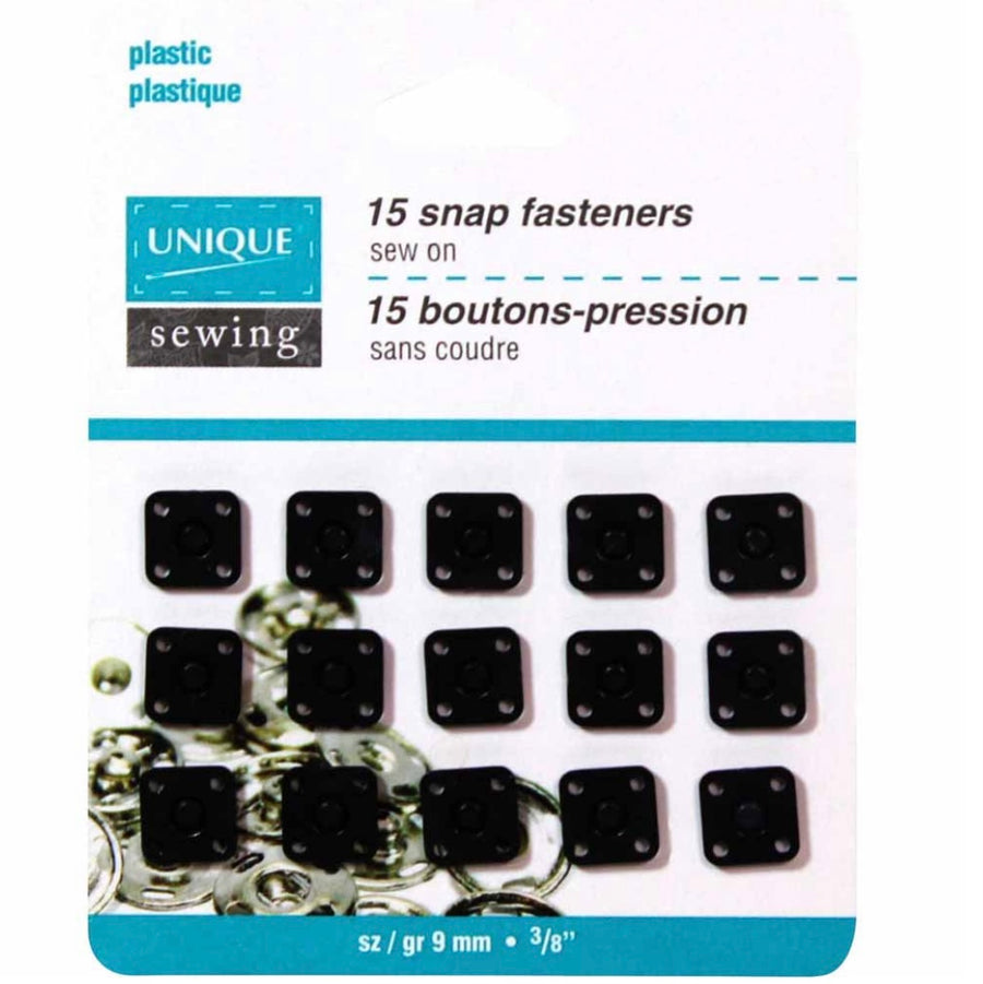 Sew On Plastic Square Snap Fasteners - 9mm (3/8”) - 15  sets - Black